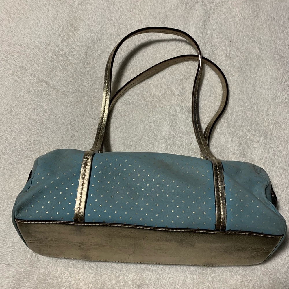 Kate Spade Purse, small, light blue suede type fabric w/ metallic dots and trim - Picture 2 of 6